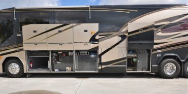 2000 Liberty Coach #5392-B exterior driver side undercarriage open mechanical bays of motorcoach