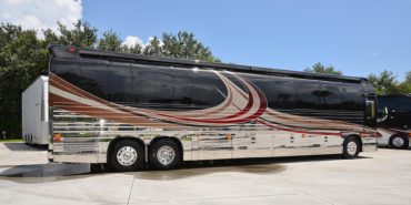 2017 Emerald #M5378 exterior entry side rear view of motorcoach on the lot