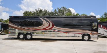 2017 Emerald #M5378 exterior entry side view of motorcoach on the lot