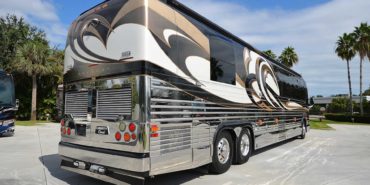 2008 Liberty Coach #M7199 exterior entry rear view of motorcoach on the lot