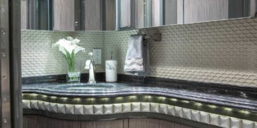 2014 Liberty Coach motorcoach interior view of bathroom, vanity