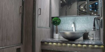 2014 Liberty Coach motorcoach interior close up view of bathroom vessel sink