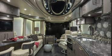 2014 Liberty Coach motorcoach interior front look view of galley and dining area
